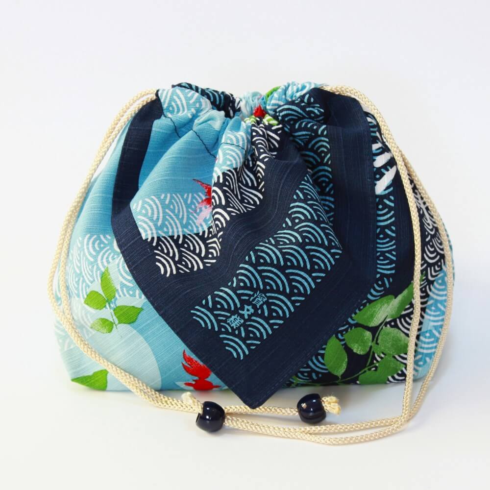 Fabric drawstring bento lunch bag Seigaiha goldfish design