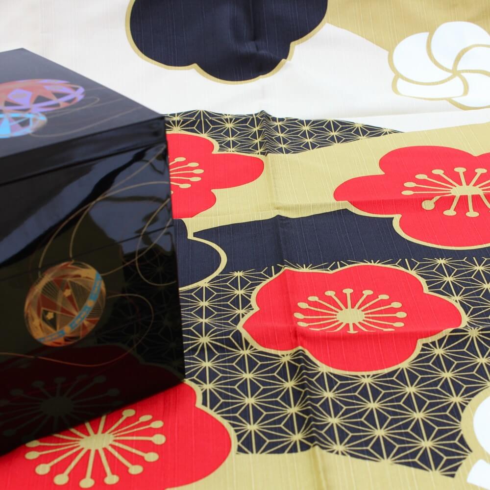 90cm ume nishiki furoshiki with jubako bento box