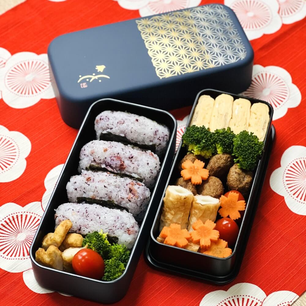 bento prepared in asanoha 2 tier bento box