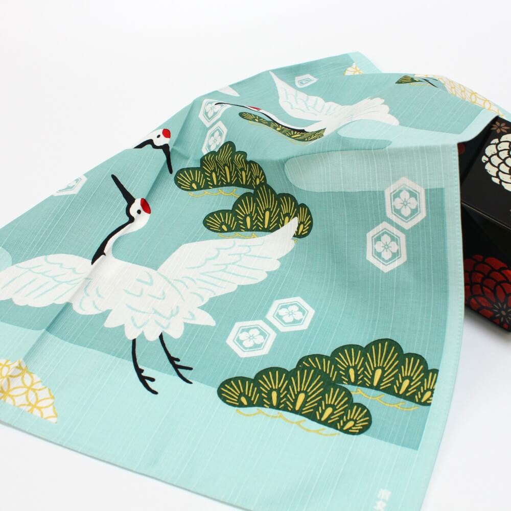 blue dancing cranes furoshiki covering black bento box