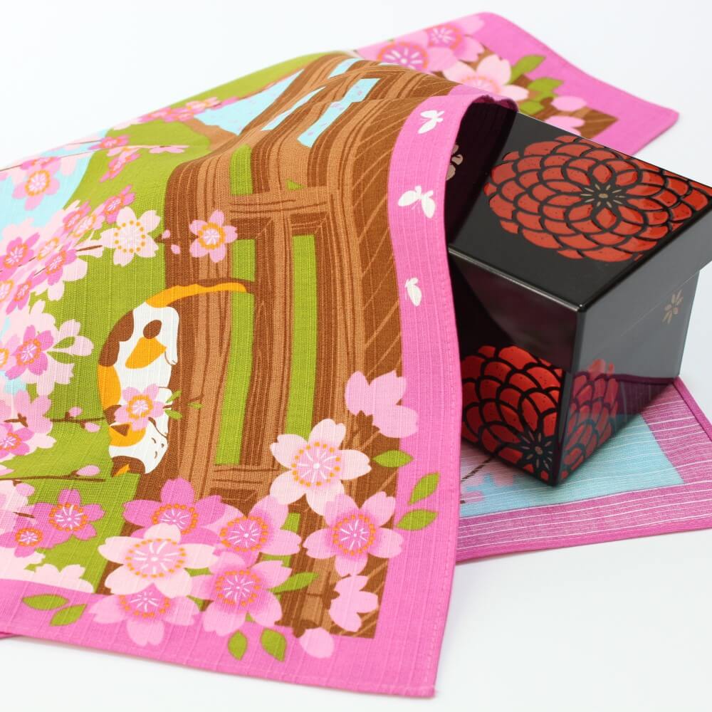 calico cat furoshiki covering black bento box