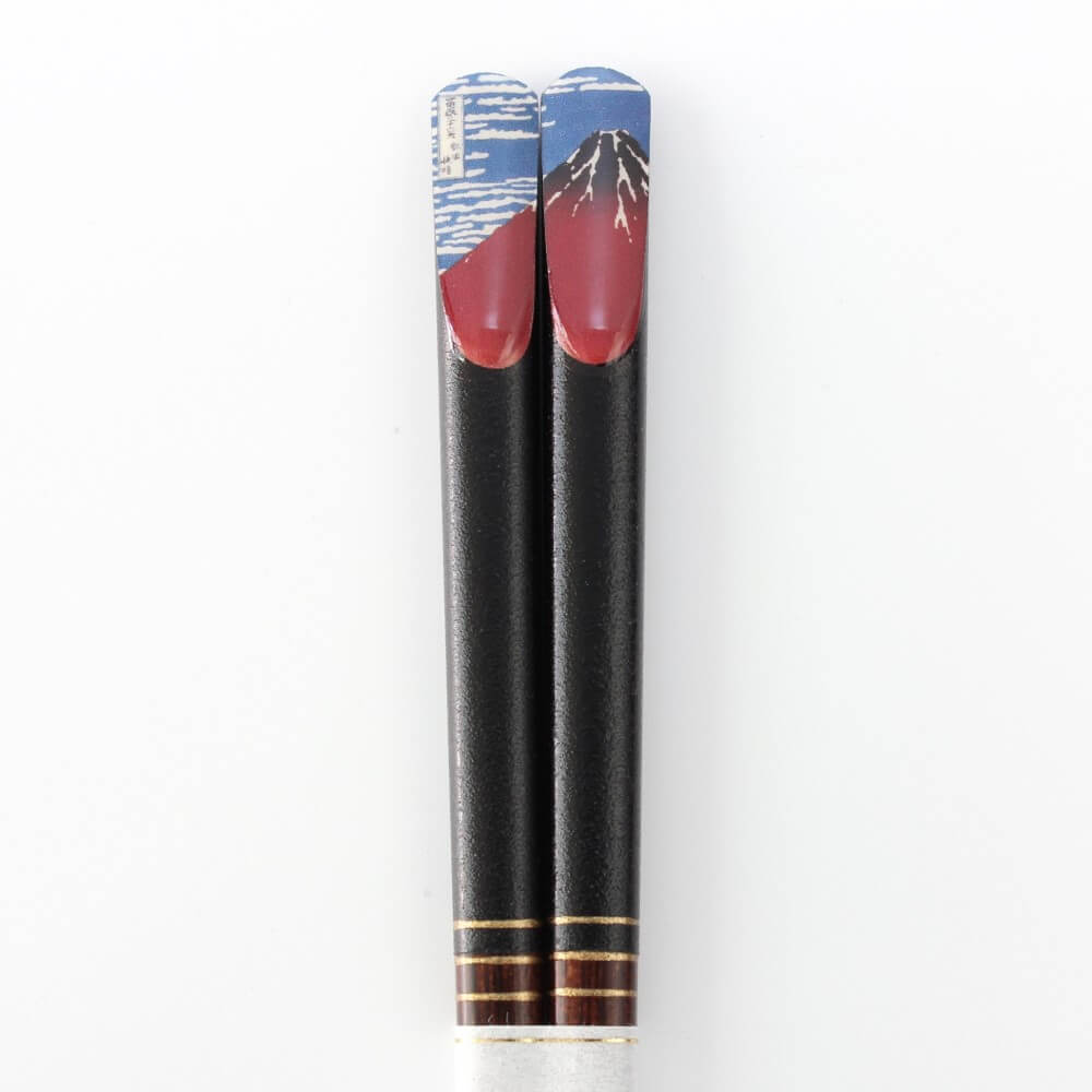 close up handles red fuji by hokusai chopsticks