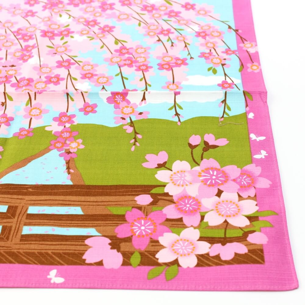 corner of calico cat furoshiki showing sakura flowers 