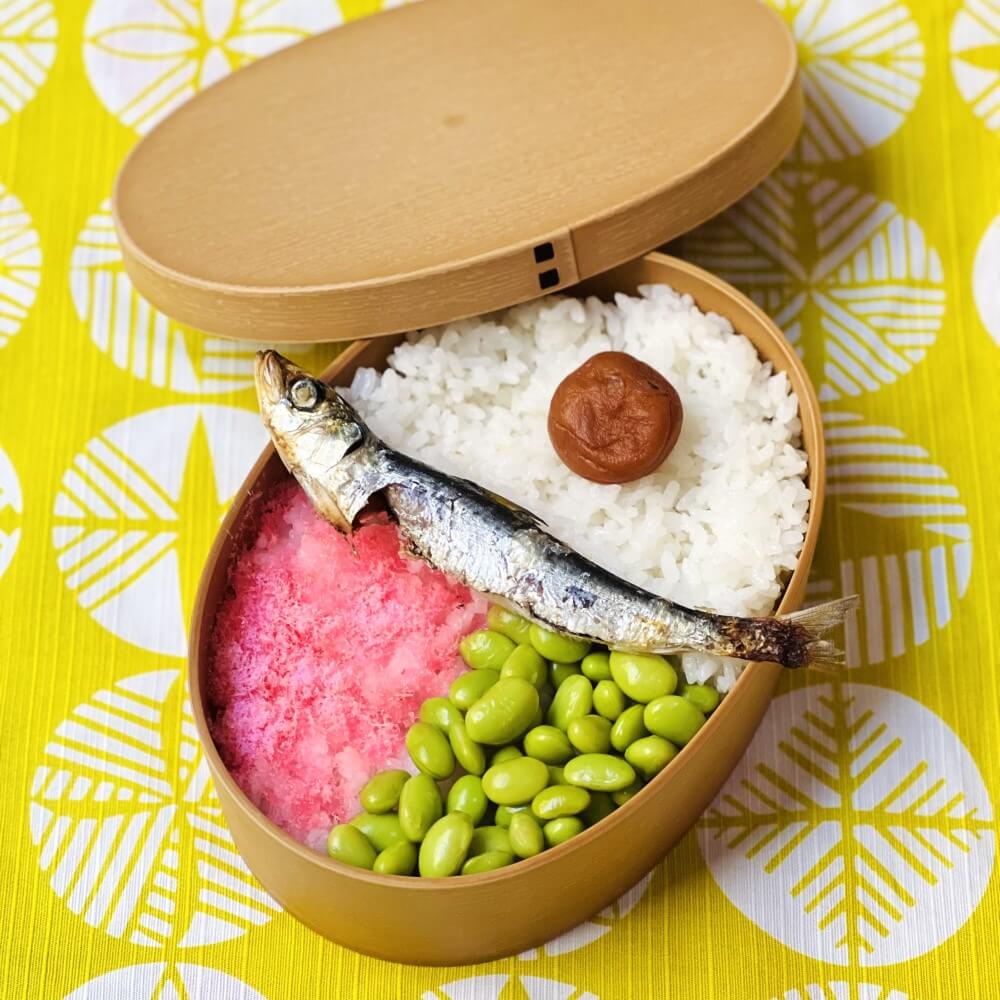 fish bento in shiraki wappa bento box