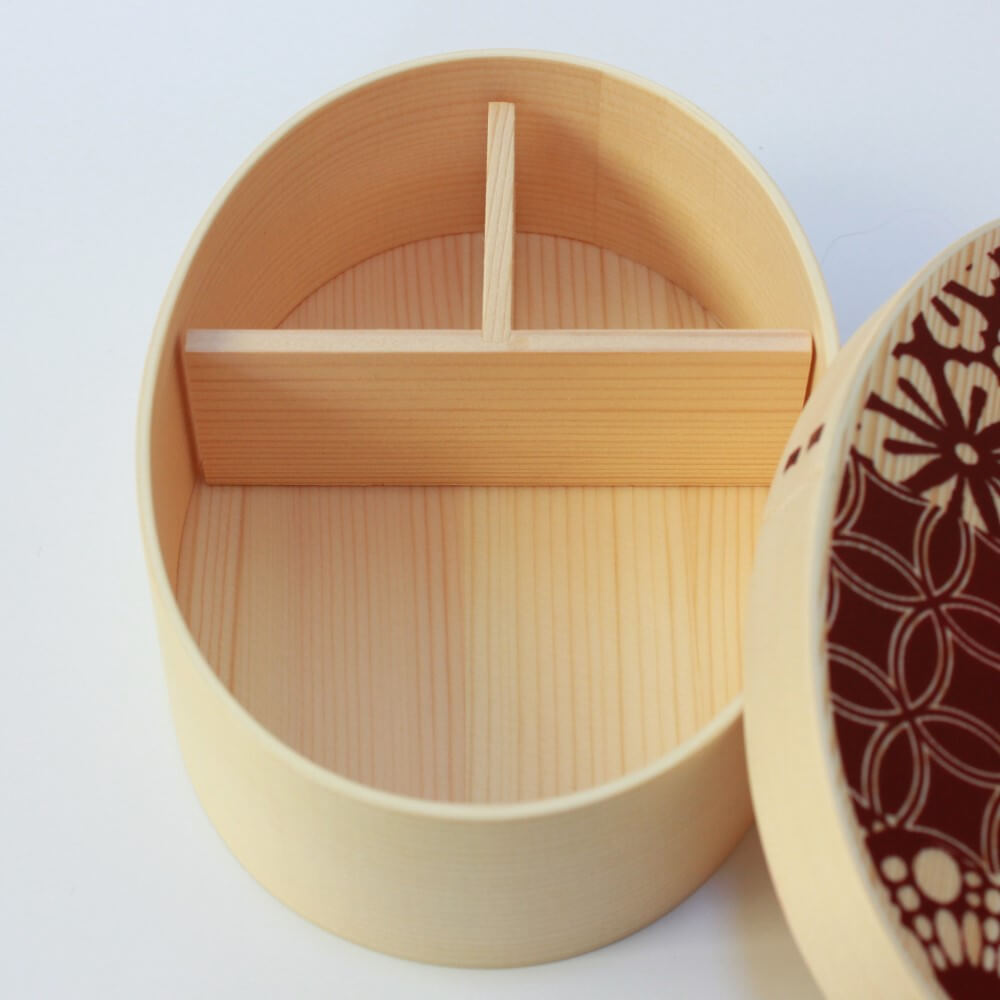 heian red wood bento box with T-shaped divider