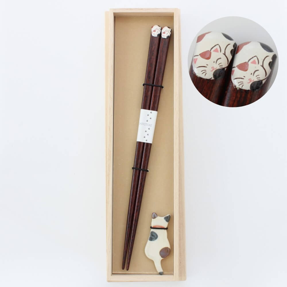 hidamari calico cat chopsticks gift set with inlet picture