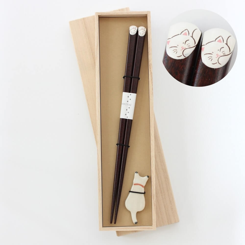 hidamari white cat chopsticks with inlet