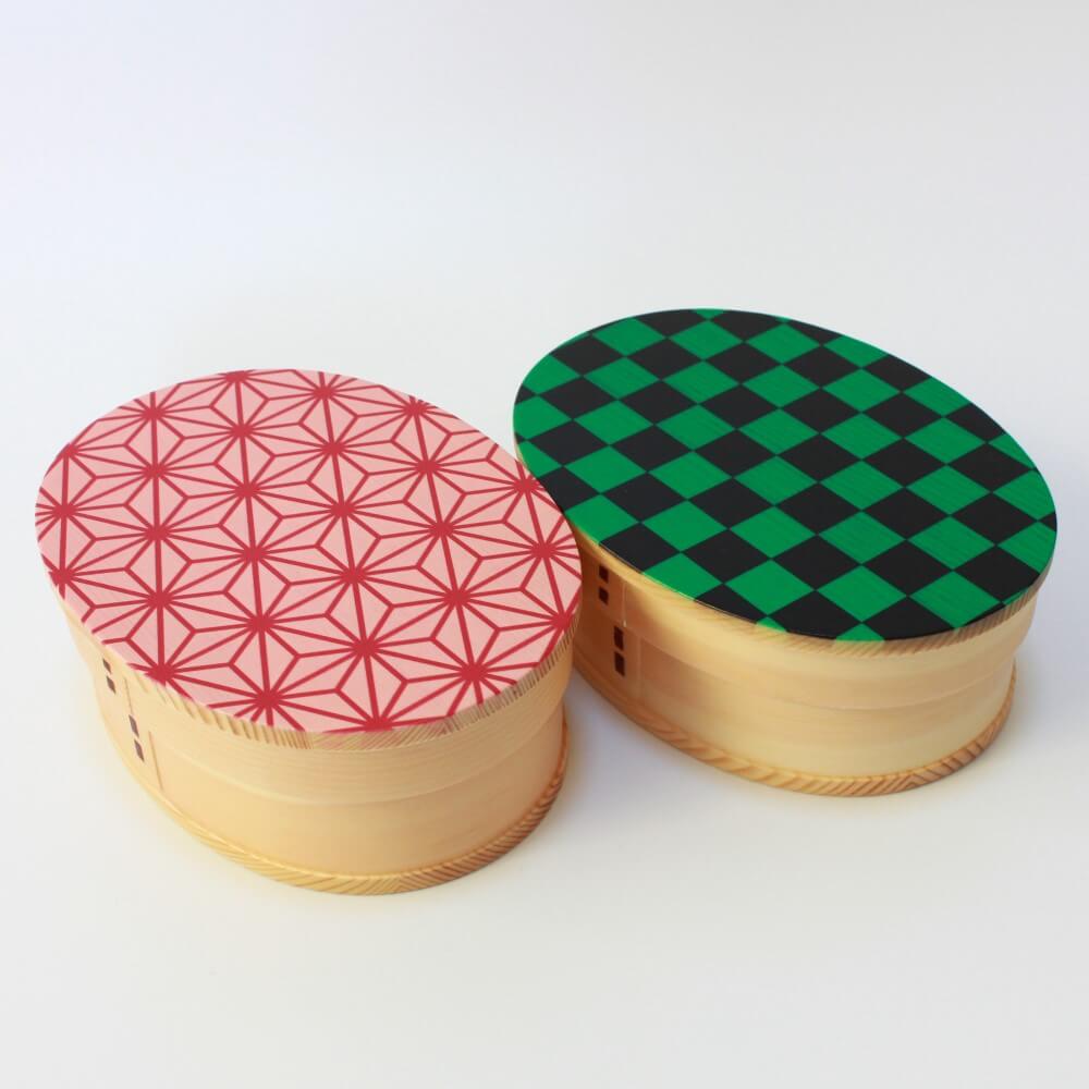 magewappa asanoha and ichimatsu green wood bento boxes