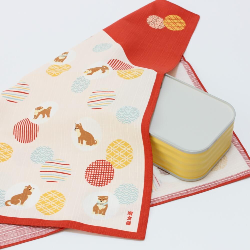 mame shiba komon red furoshiki covering yellow bento box