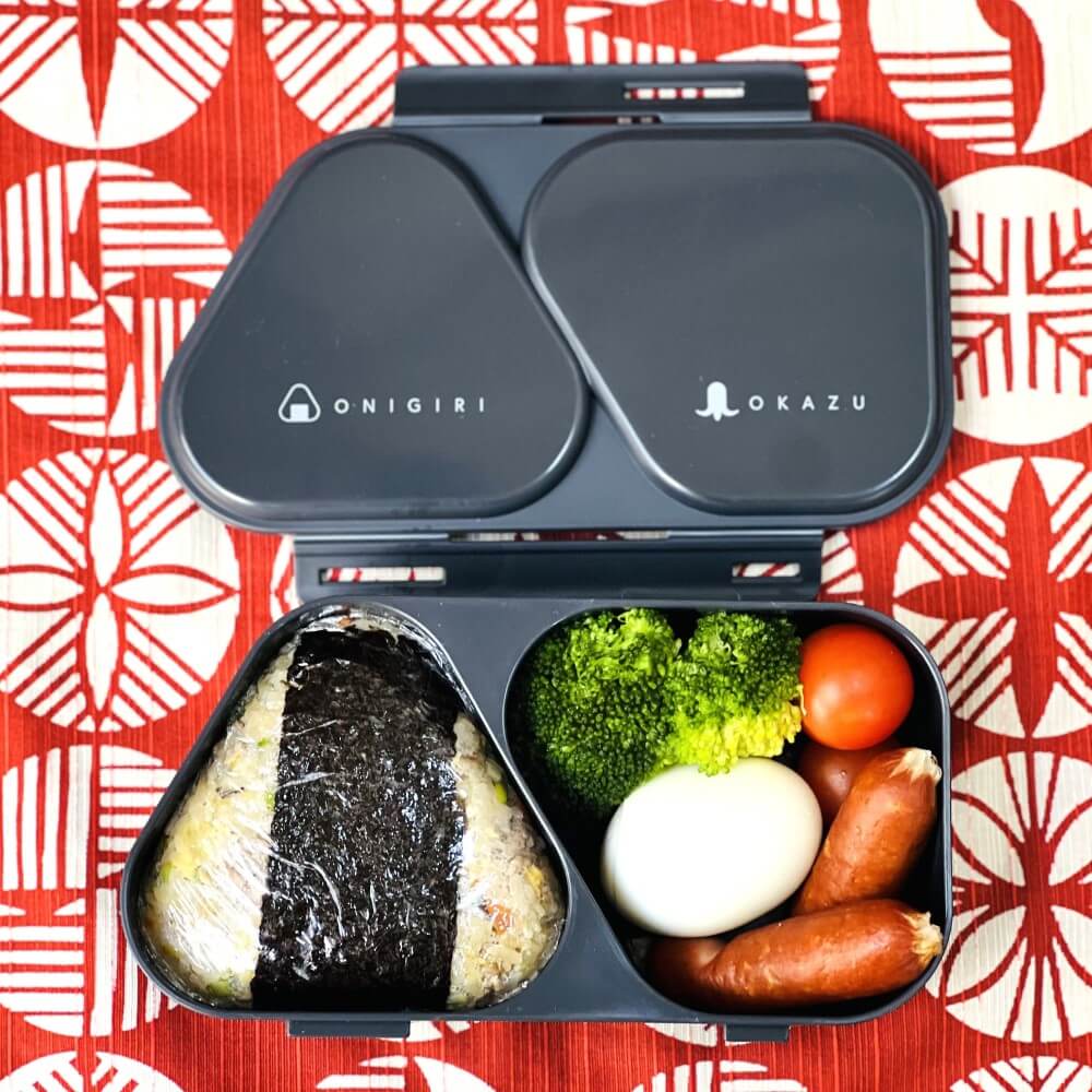 overhead bento prepped in black onigiri maker lunch case