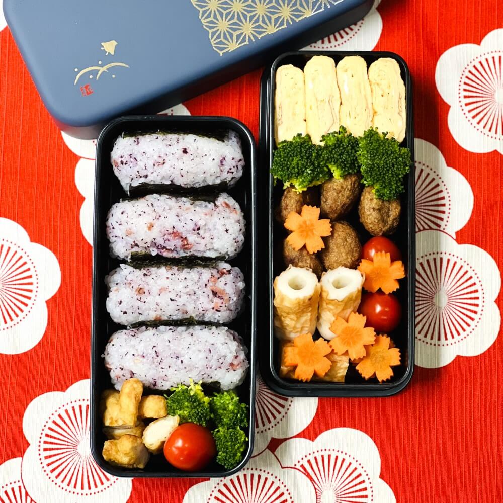 overhead photo of bento in asanoha bento box