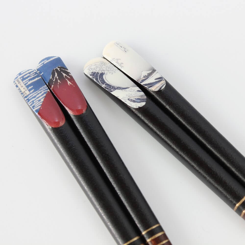 red fuji and uranami great wave chopsticks handles together