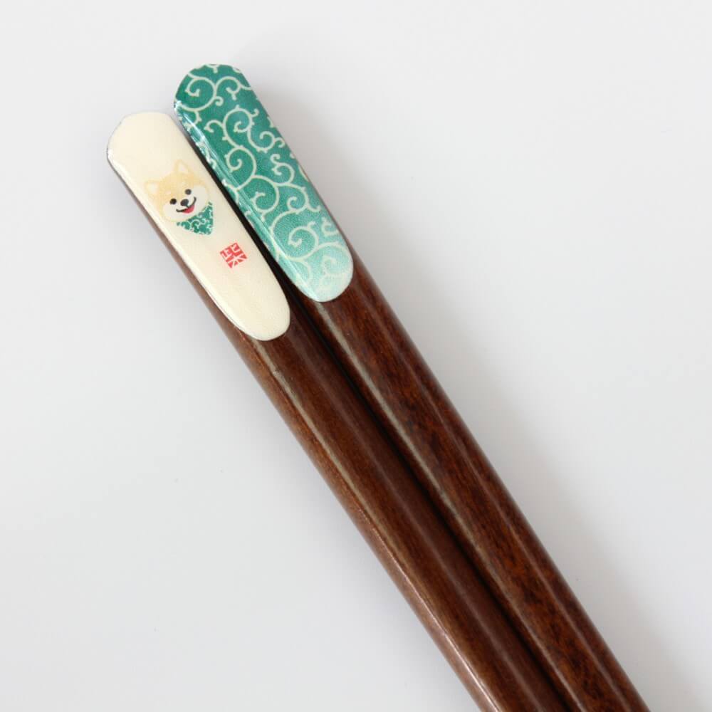 shiba inu karakusa green chopsticks handles closeup