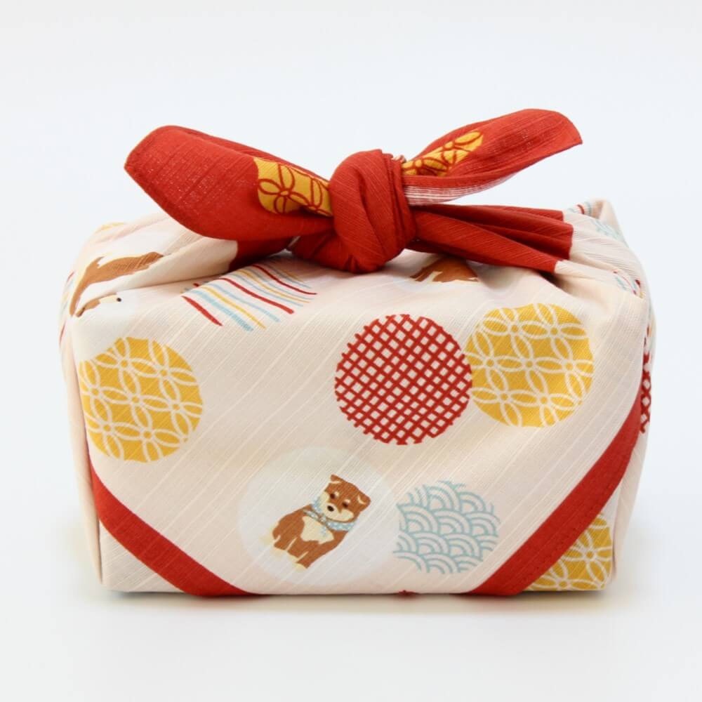 side view mame shiba komon red furoshiki wrapped bento box