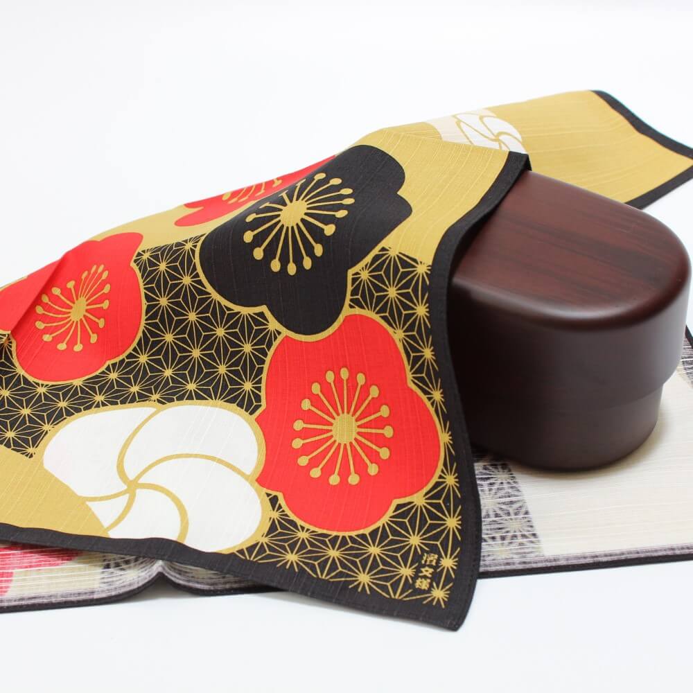 ume nishiki furoshiki covering brown bento box