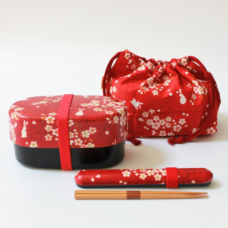 Sakura Usagi Red Bento Box Set with Chopsticks and Bag